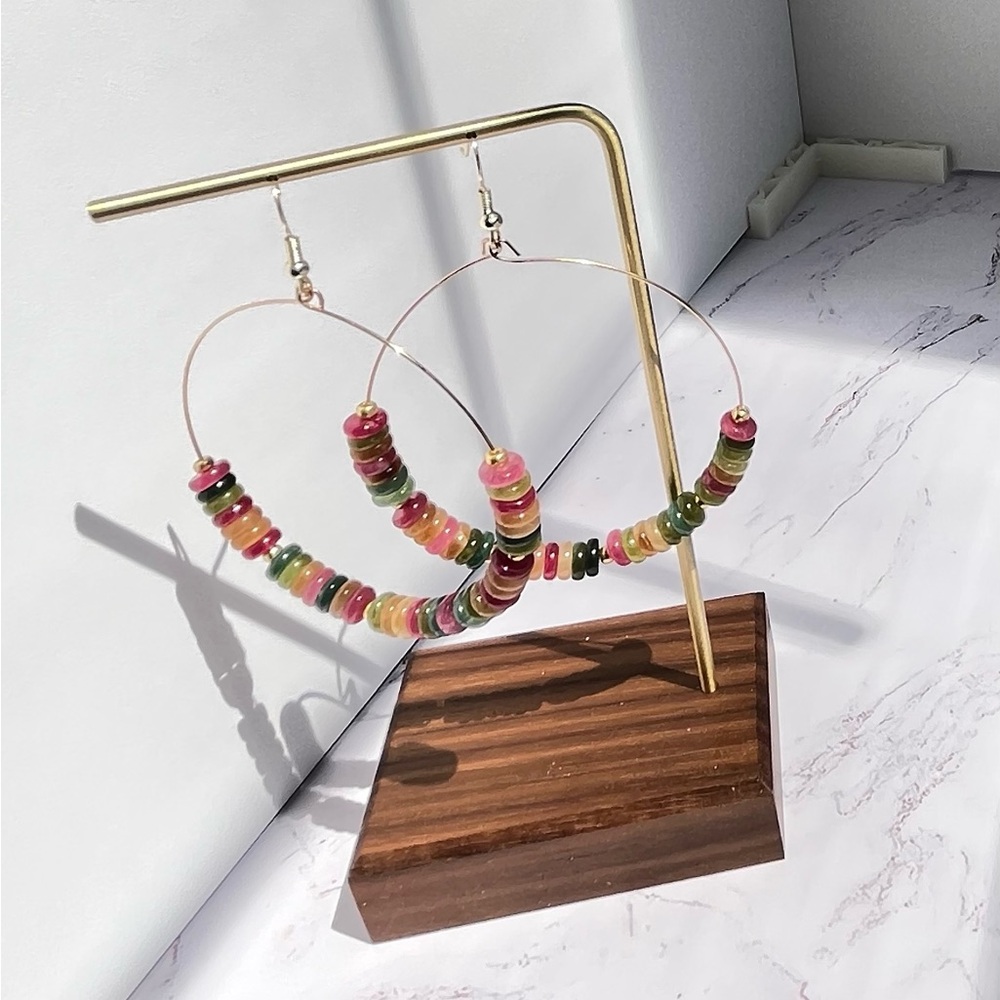 Handmade Watermelon Tourmaline Gemstone Beaded Hoop Earrings Boho - Picture 5 of 6